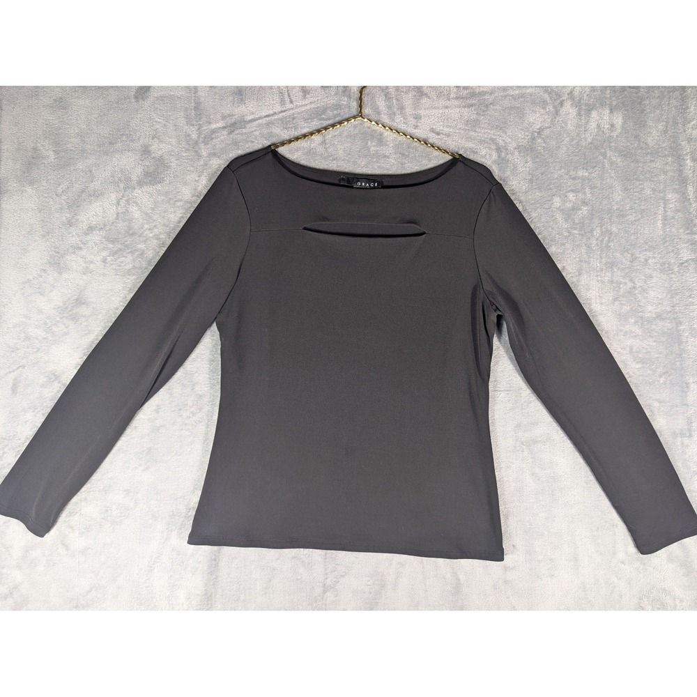 Grace Womens Black Long Sleeve Cut Out Boat Neck Stretch Top Size Large Shirt